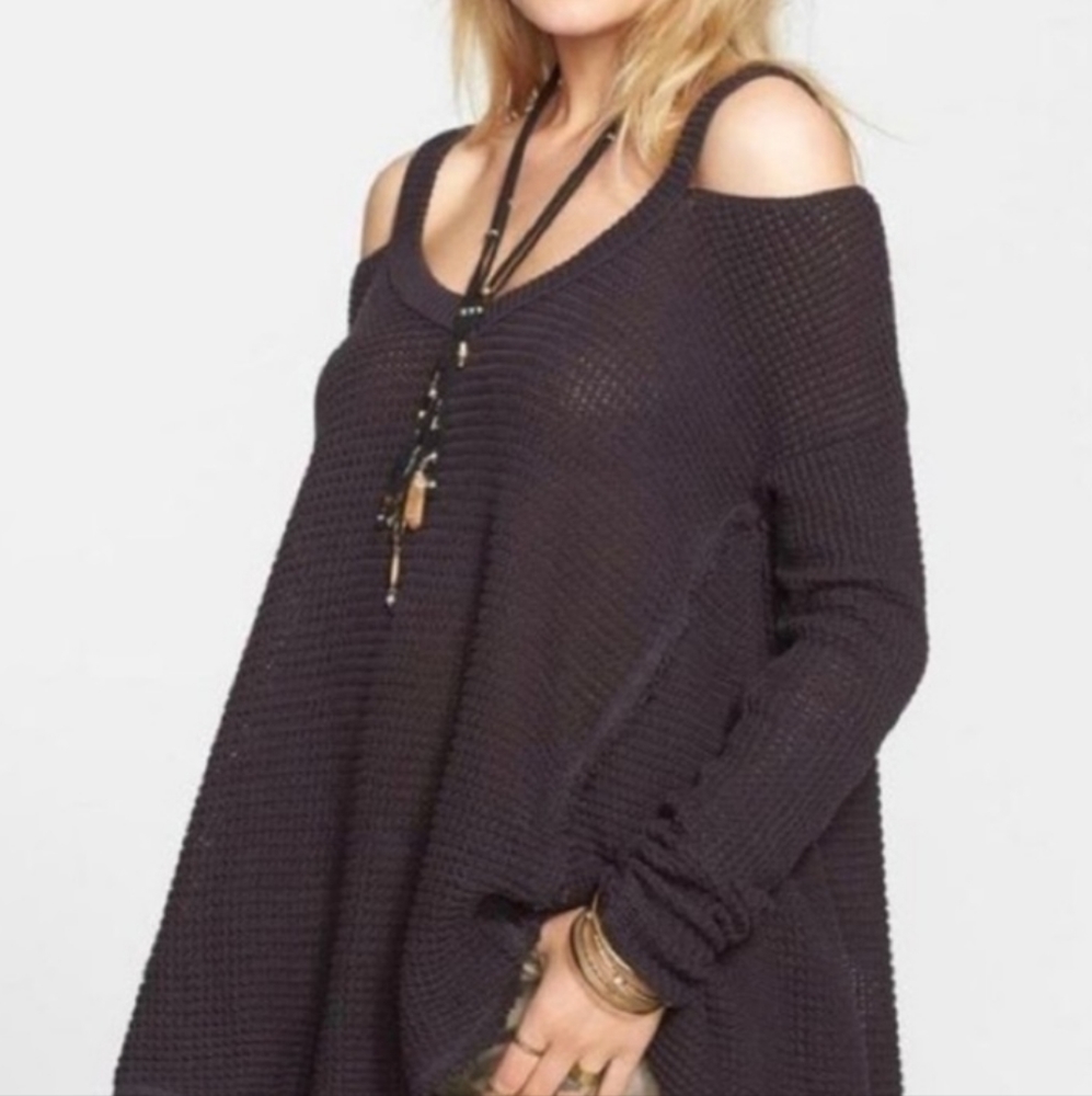 Free People Moonshine Pullover Sweater Size Small Cold Shoulder Waffle Knit